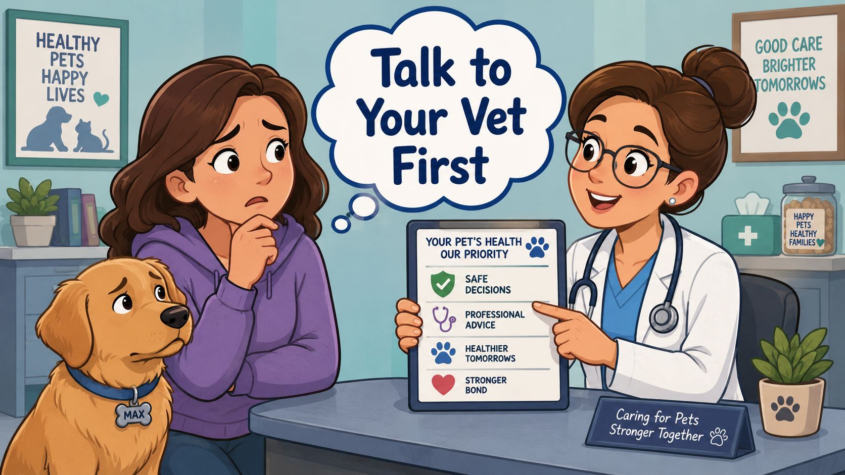A veterinarian giving professional advice to a pet owner about her dog at a clinic.