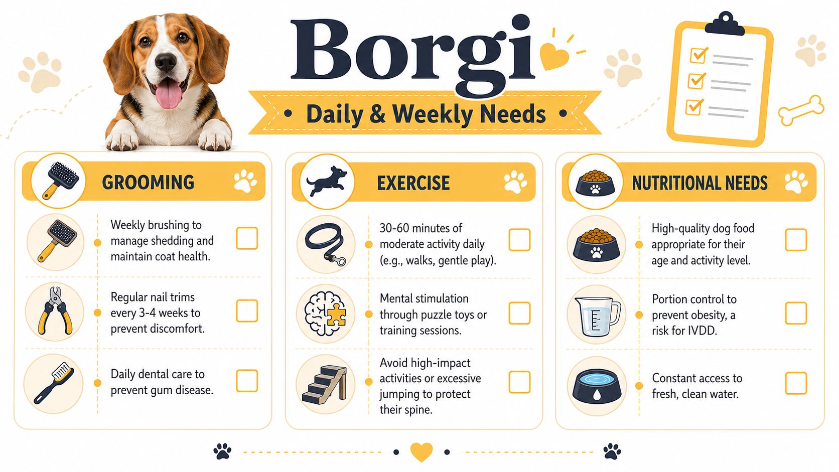 An infographic detailing daily and weekly care requirements for a Borgi, a Boston Terrier Corgi dog mix.