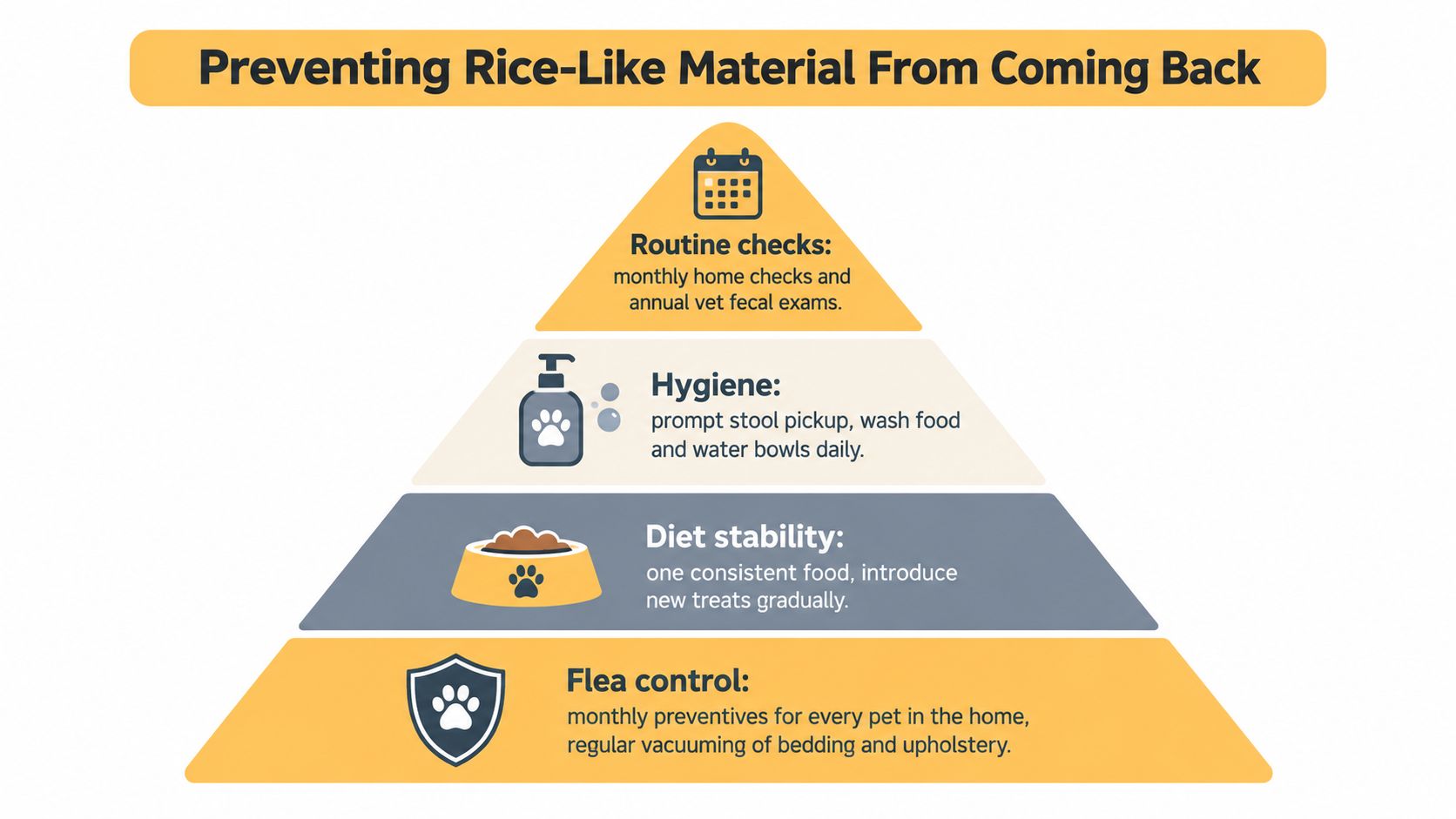 A pyramid infographic illustrating four methods to prevent rice-like tapeworm segments in pet stool.