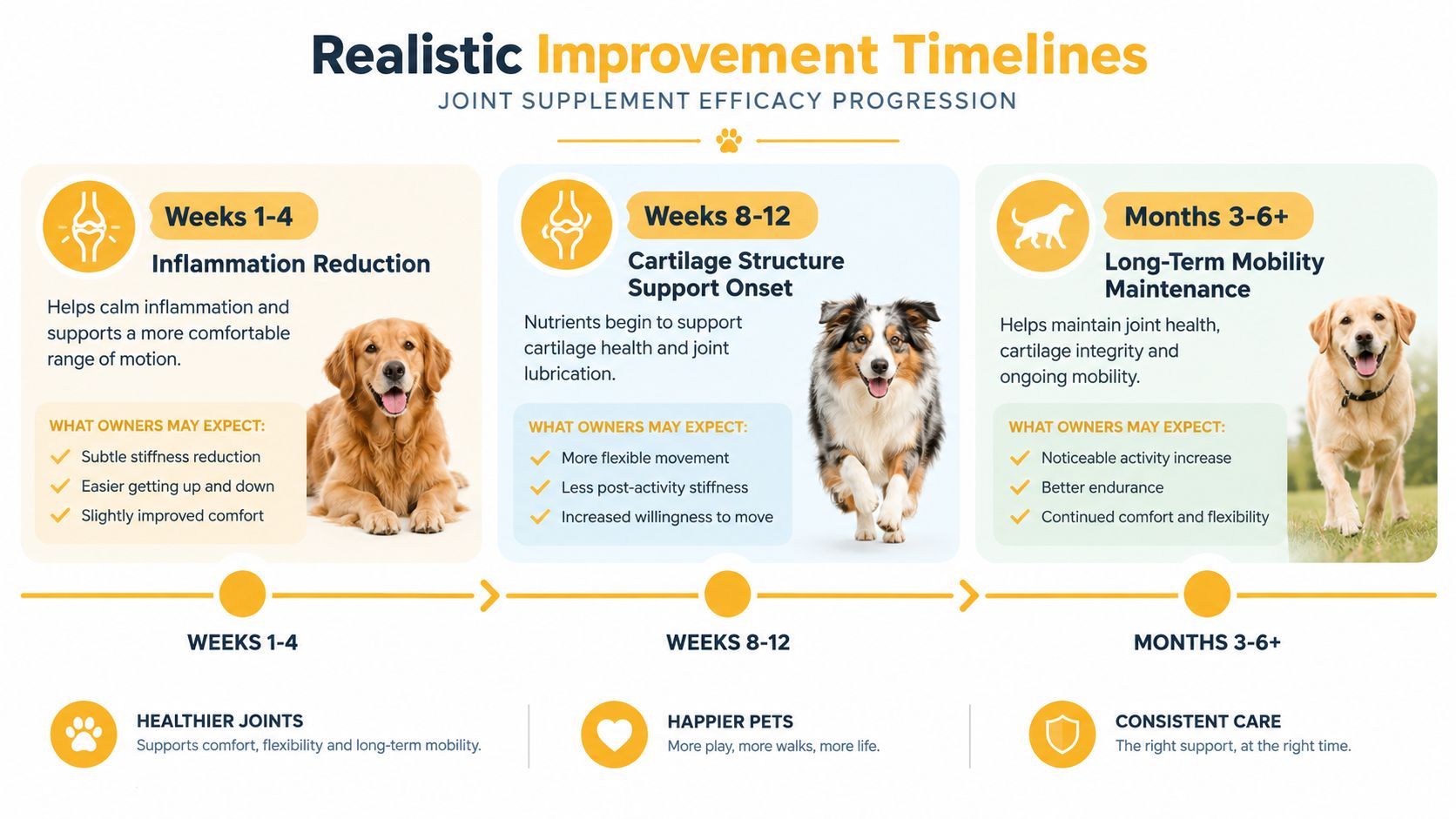 An infographic showing the realistic improvement timeline of dog joint supplements from inflammation reduction to mobility maintenance.