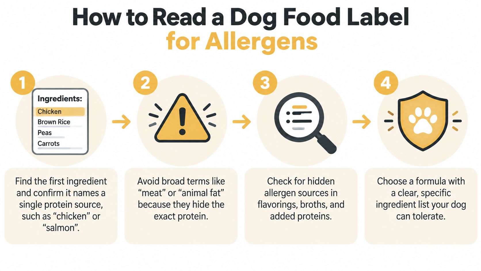 An infographic titled How to Read a Dog Food Label for Allergens featuring four steps for pet owners.