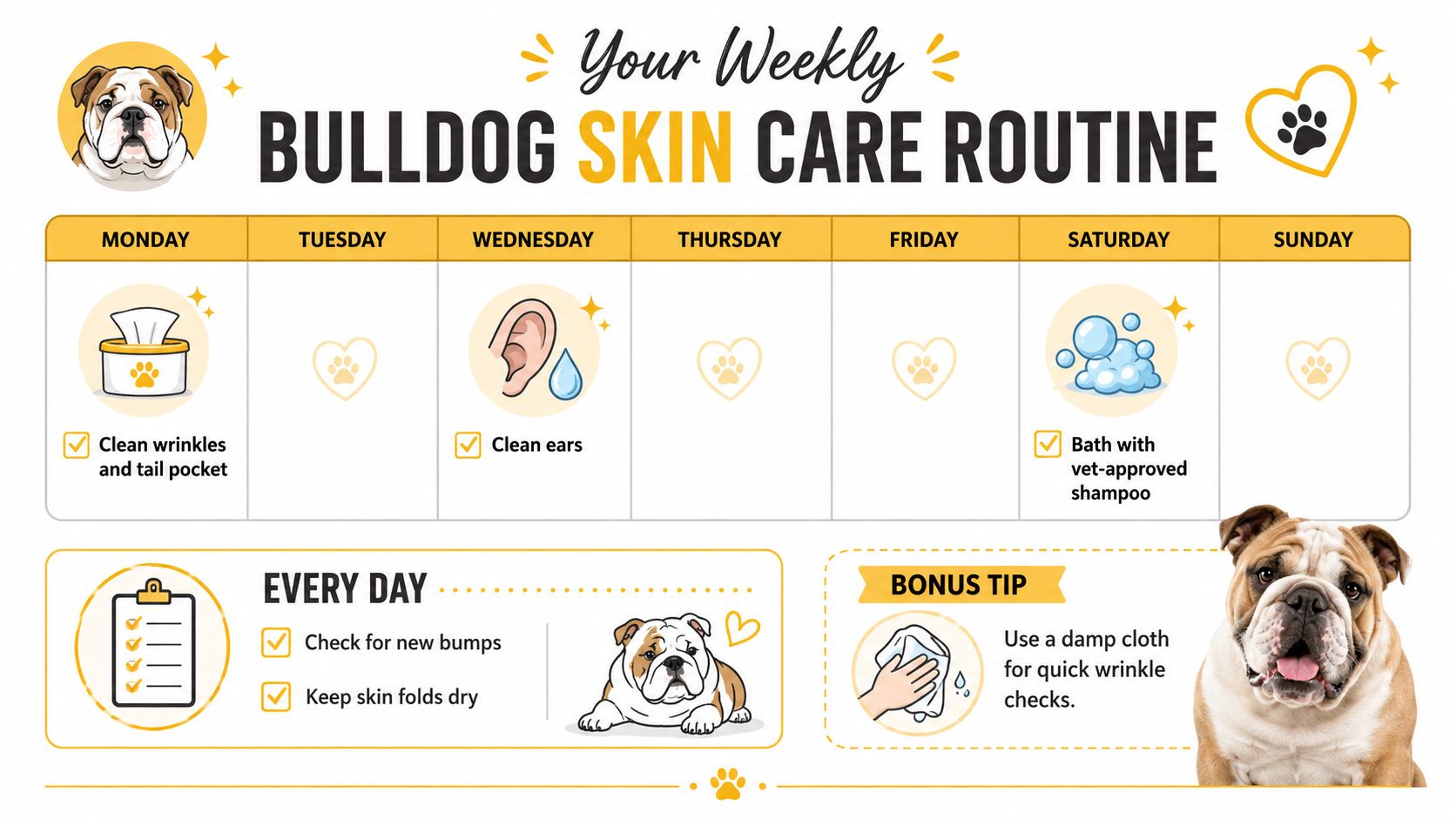 A weekly infographic guide showing skincare routine steps for an English bulldog including cleaning and baths.