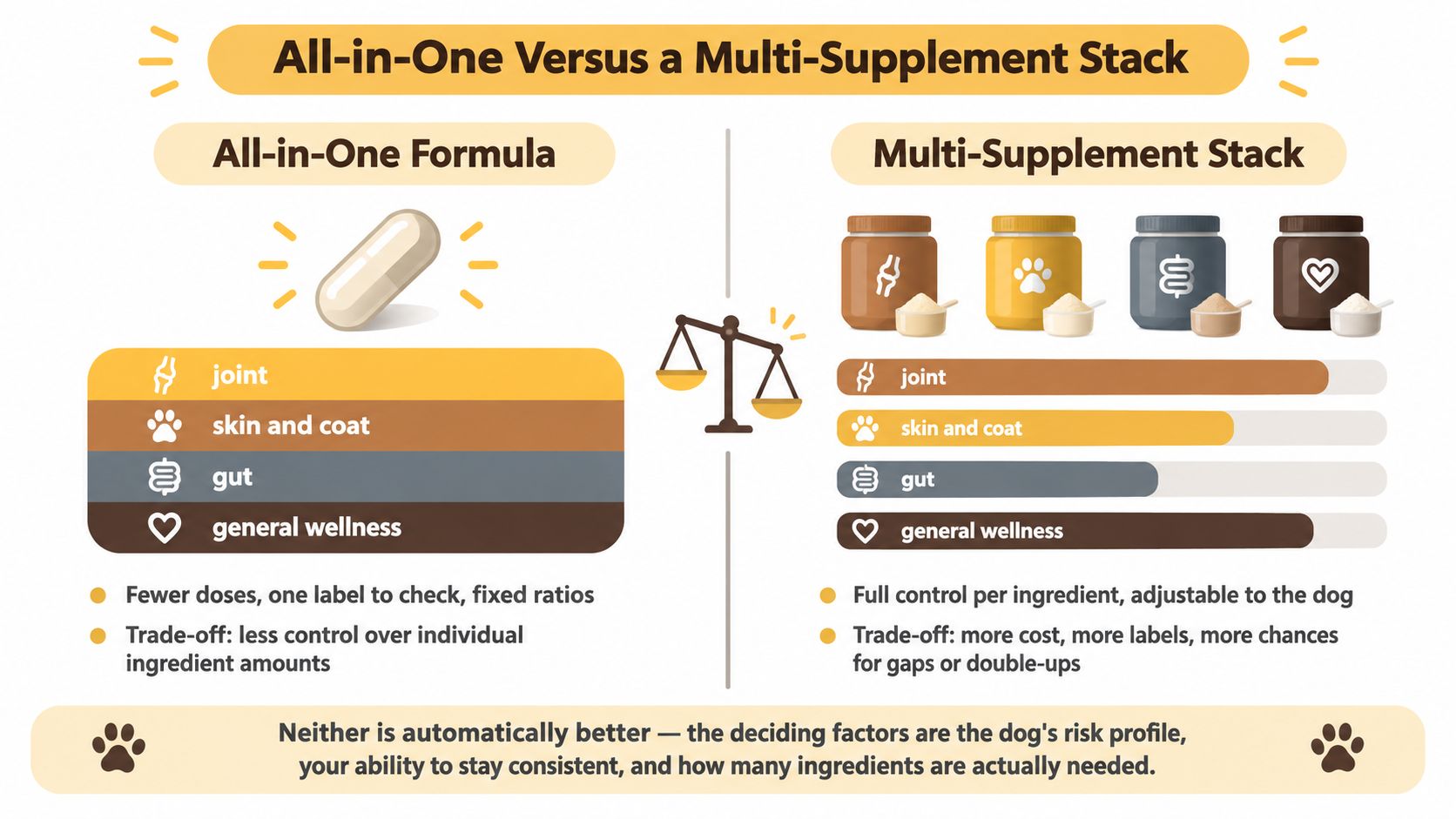 An infographic comparing all-in-one pet supplement formulas versus customized multi-supplement stacks for large breed dog health.