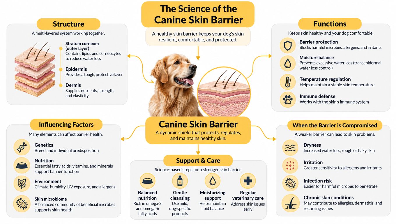 An infographic detailing the science of the canine skin barrier, its functions, maintenance, and factors affecting its health.