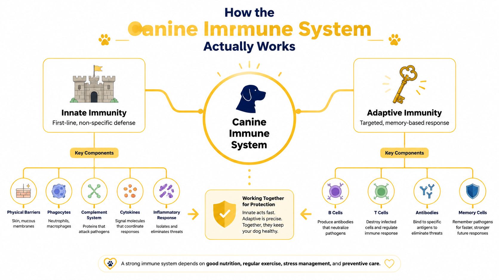 A diagram illustrating how the canine immune system functions through innate and adaptive immune components.