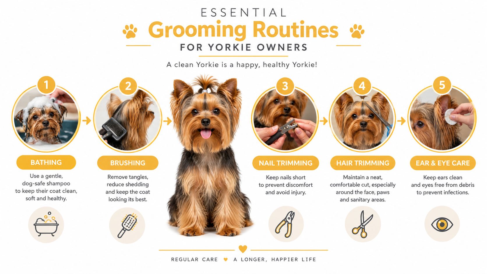 A step-by-step infographic showing five essential grooming routines for keeping a Yorkshire terrier healthy and clean.
