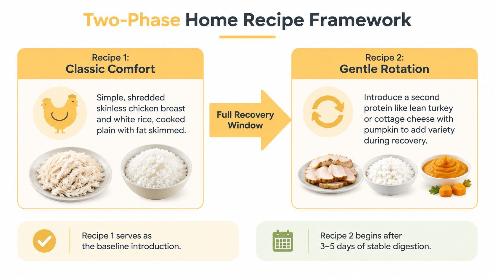 A two-phase guide for a dog diet featuring simple chicken and rice followed by a varied recovery rotation.