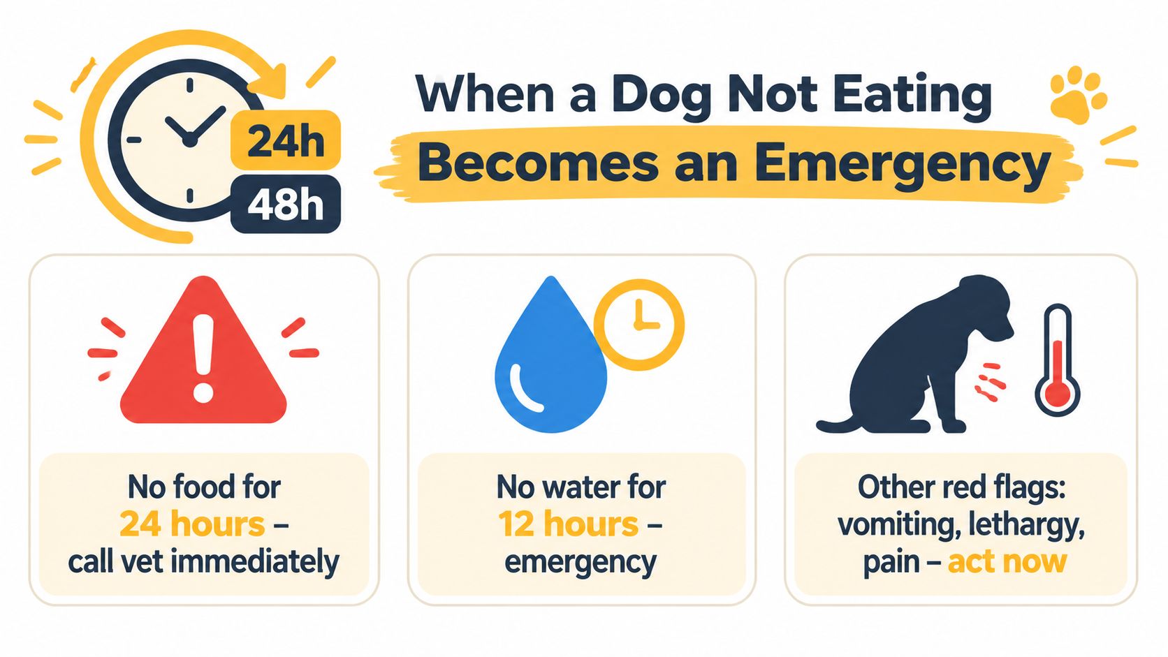 An infographic detailing when a dog not eating becomes a medical emergency, including specific timeframes and symptoms.