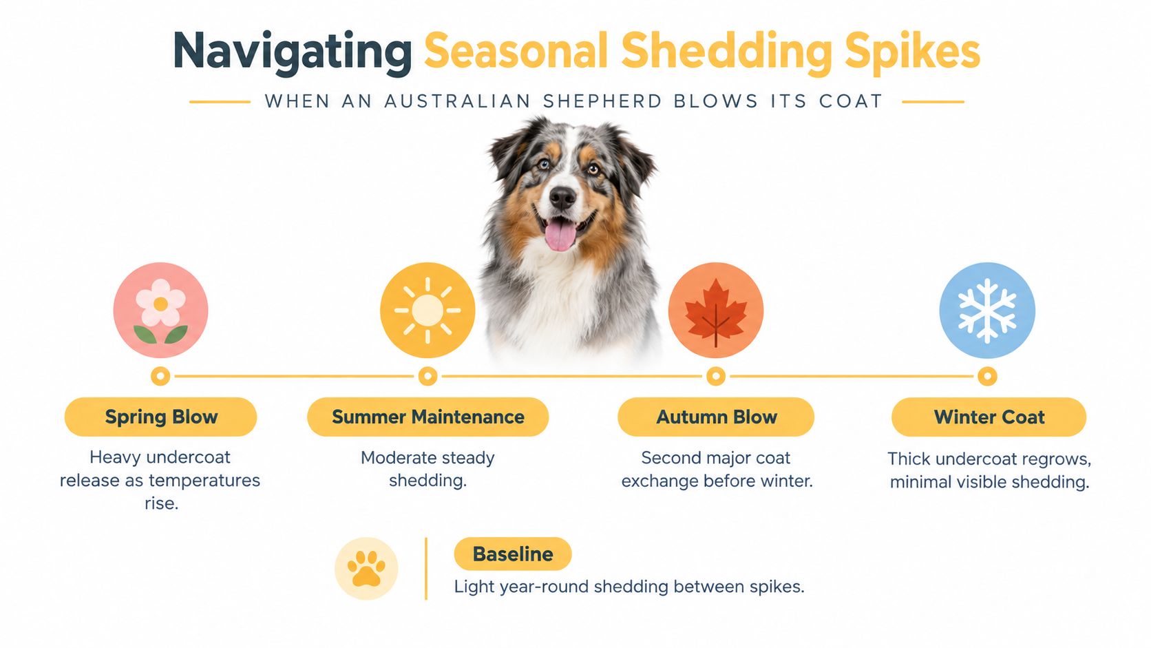 A visual guide explaining seasonal shedding patterns for Australian Shepherd dogs throughout the four seasons.