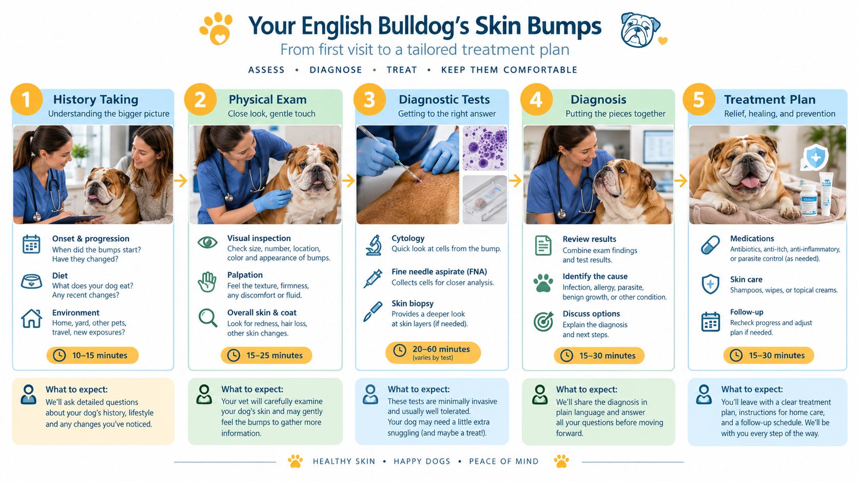 An infographic showing the five-step process for managing skin bumps on English Bulldogs, from diagnosis to treatment.