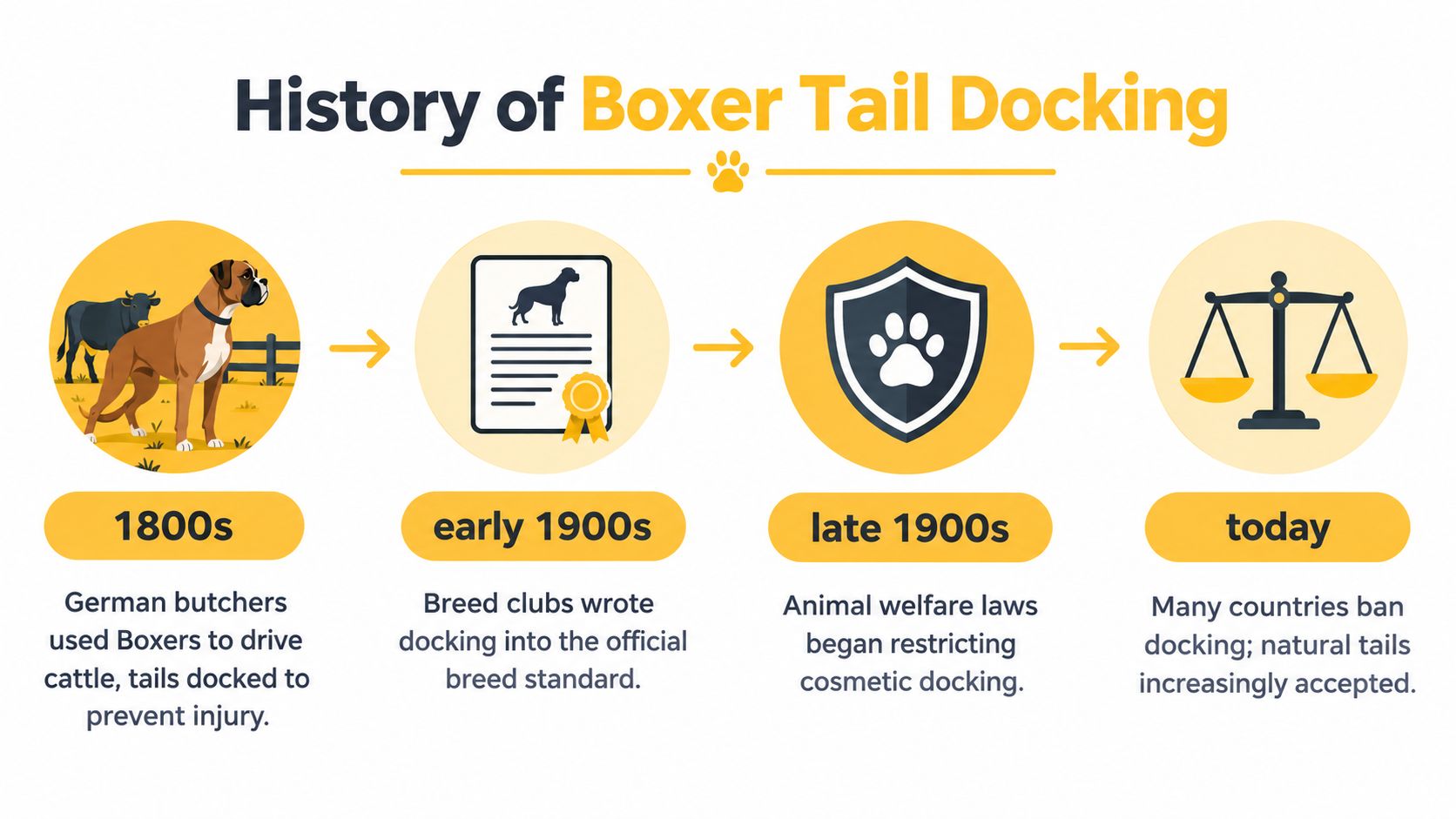 A timeline graphic showing the history of Boxer dog tail docking from the 1800s to today.