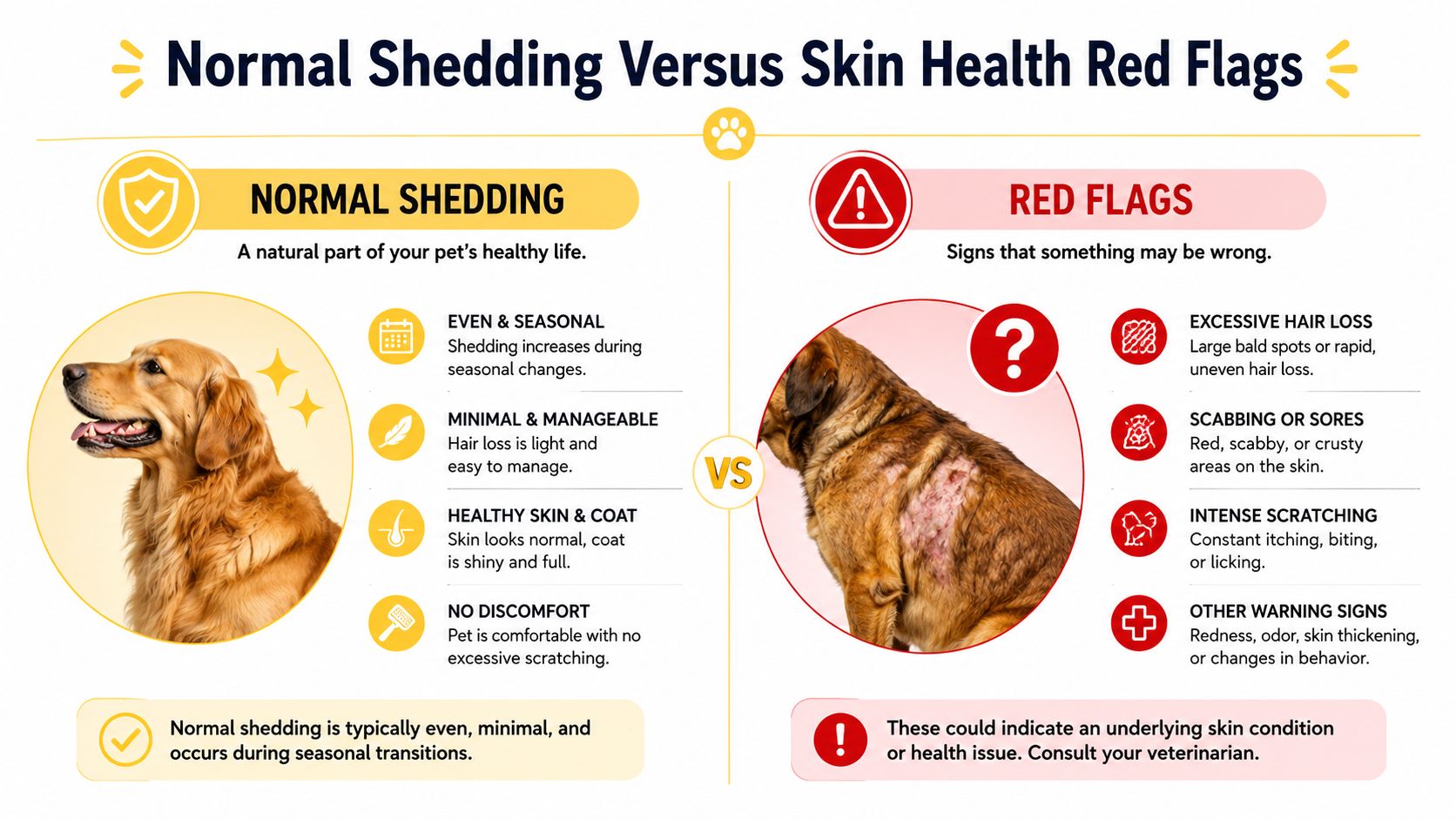 A comparison chart showing the differences between healthy dog shedding and potential skin health red flags.