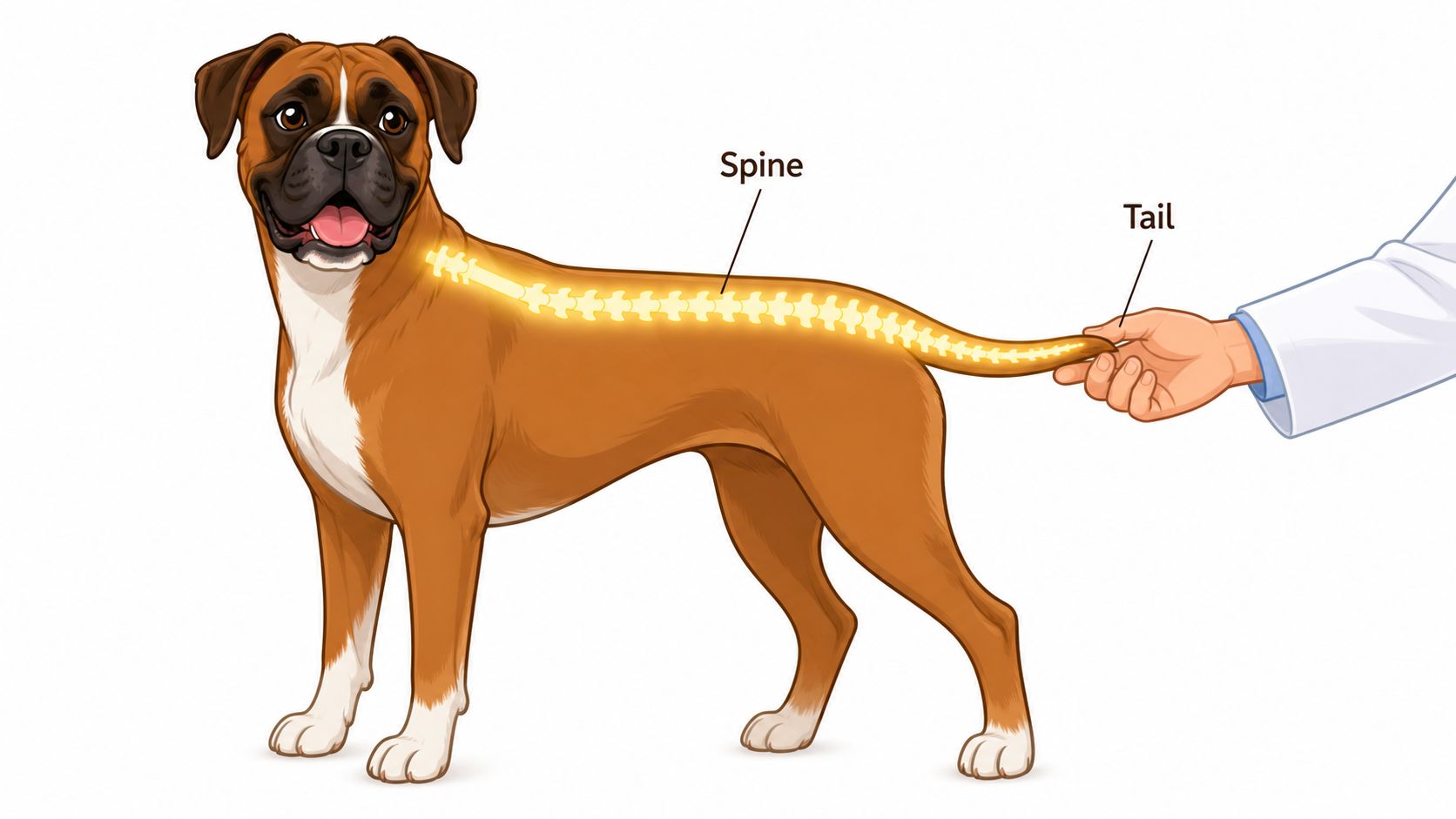 A Boxer dog standing while a veterinarian examines its tail, highlighting the connection to the spine.