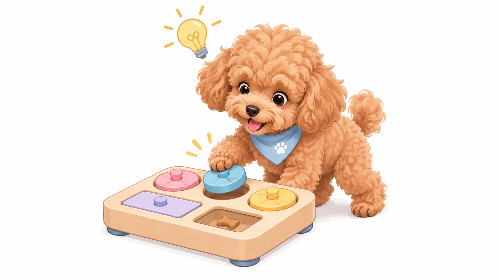 A cute curly-haired puppy playing with an interactive wooden puzzle toy to find a hidden dog treat.