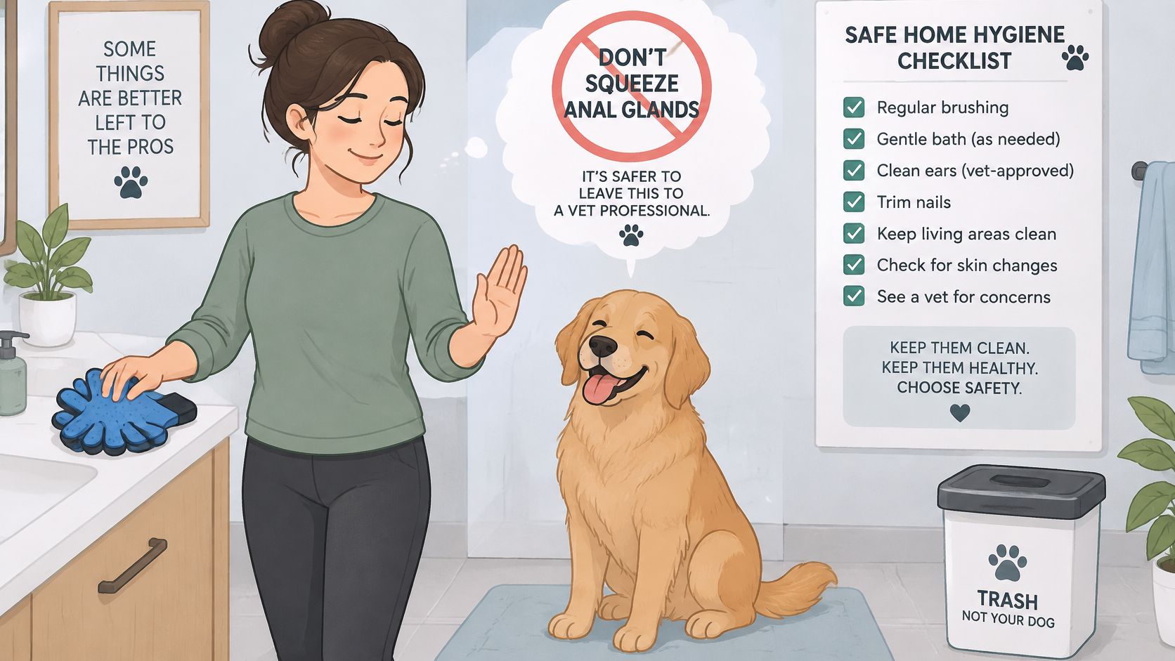A woman stands next to a dog in a bathroom with an informational sign about dog grooming.