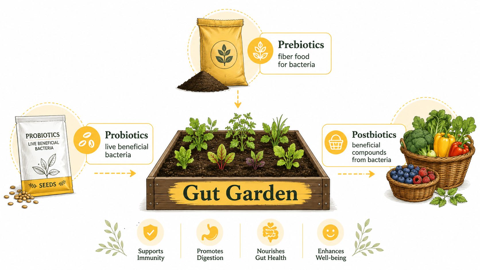 An infographic illustrating the relationship between prebiotics, probiotics, and postbiotics within a gut garden concept.