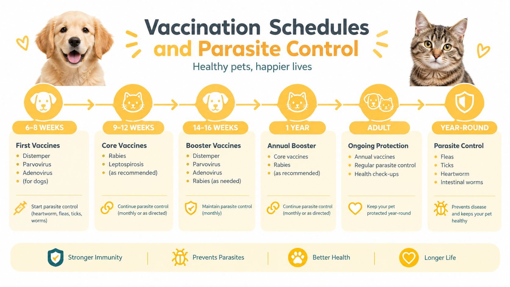 A visual guide for pet owners outlining vaccination schedules and parasite control for dogs and cats.