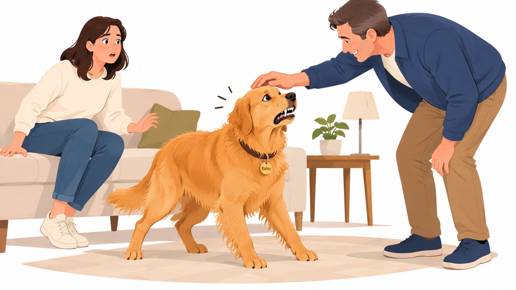 An aggressive golden retriever dog baring its teeth while being approached by a man in a living room.