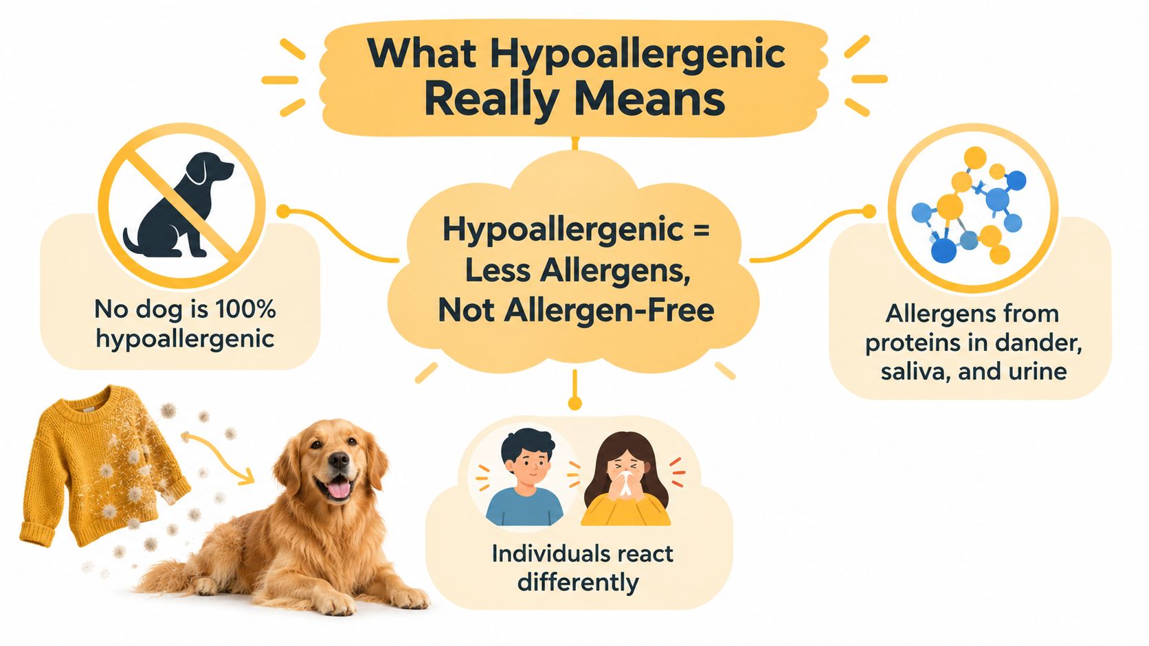 An infographic explaining that hypoallergenic dogs are not allergen-free, highlighting dander, saliva, and urine proteins.