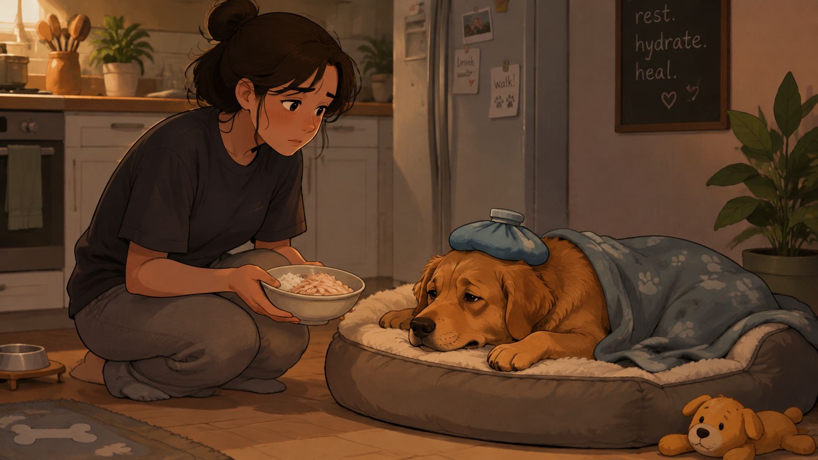 A concerned woman sitting on the kitchen floor offering a bowl of bland food to her sick dog.