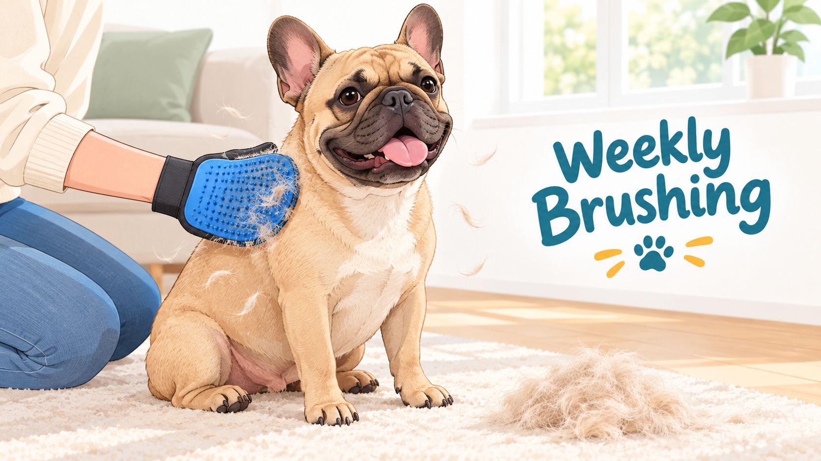 A person using a blue grooming glove to brush a tan French Bulldog on a white carpet.