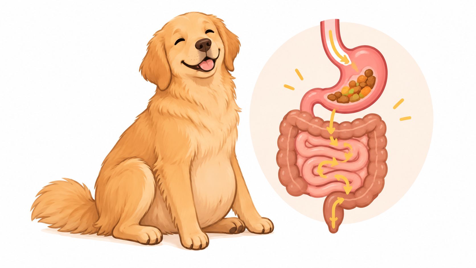 A happy golden retriever dog sitting next to a medical illustration showing the canine digestive system