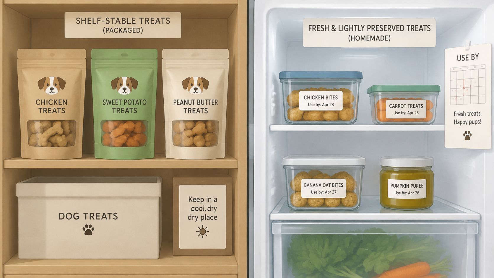 A split view of shelf-stable packaged dog treats on the left and homemade refrigerated dog treats.