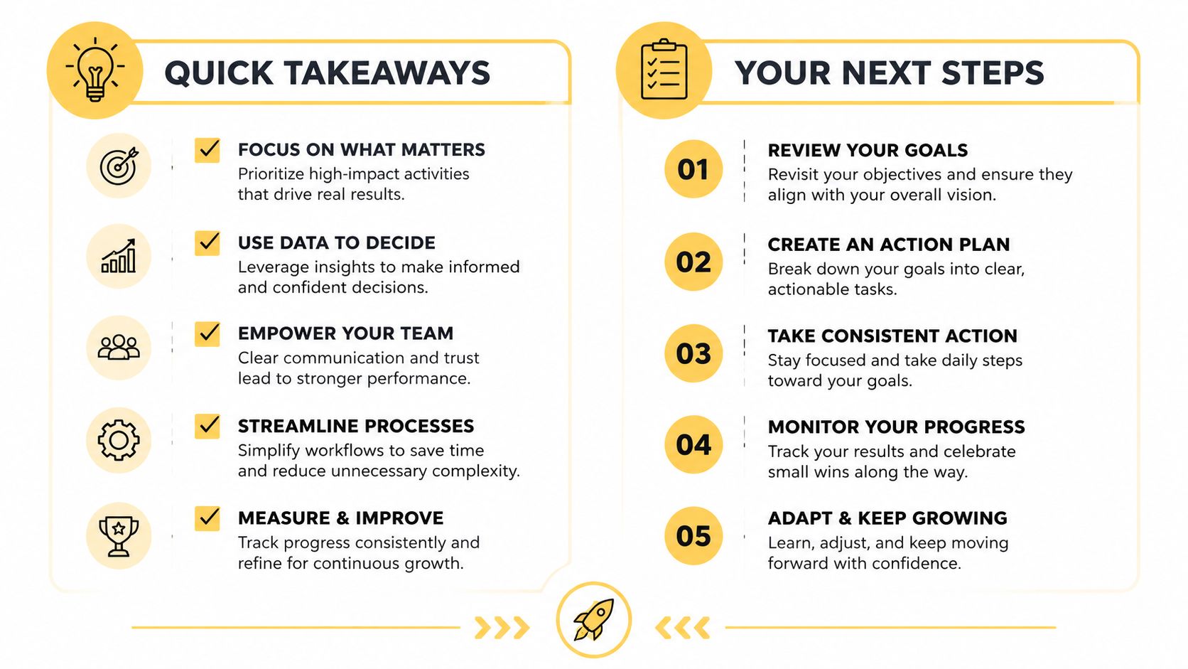 A professional infographic titled Quick Takeaways and Your Next Steps, illustrating strategies for productivity and personal development.