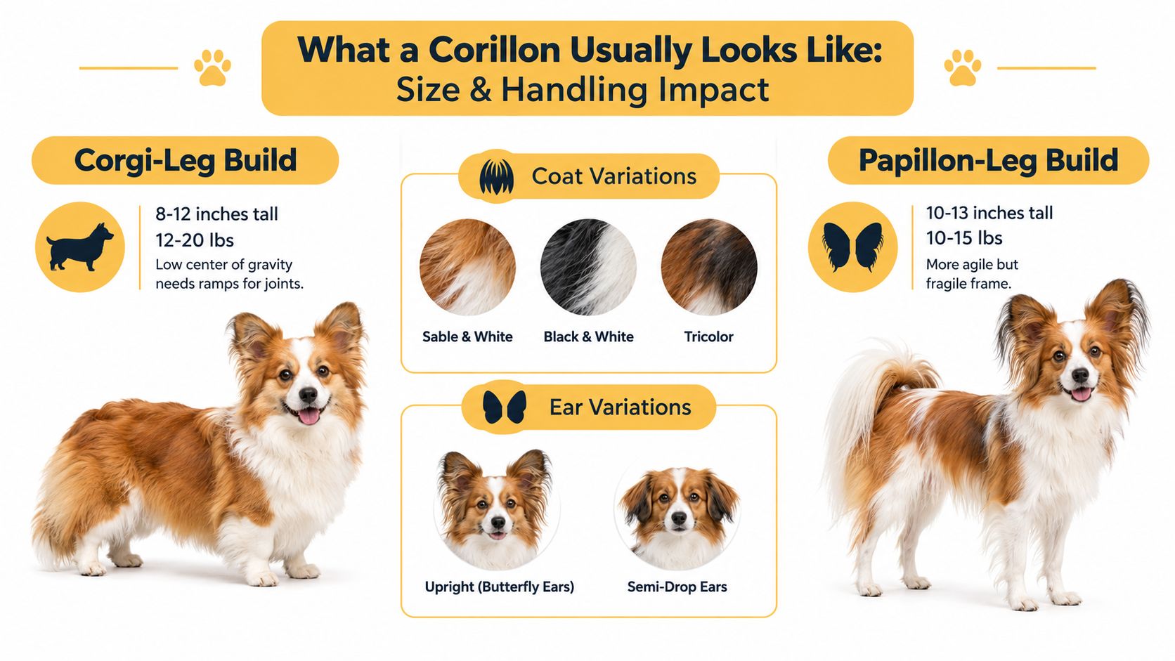 An infographic detailing the size, build, coat colors, and ear types of a Corgi-Papillon mix breed.