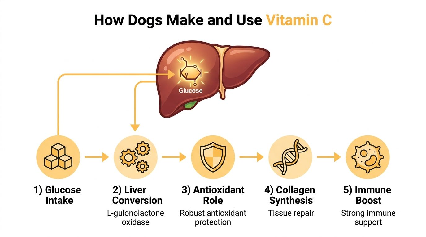 A diagram illustrating how dogs synthesize vitamin C from glucose through liver conversion for health benefits.