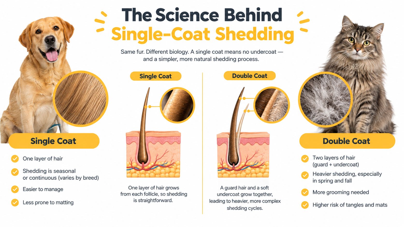 A diagram explaining the biological differences between single-coat and double-coat shedding in dogs and cats.