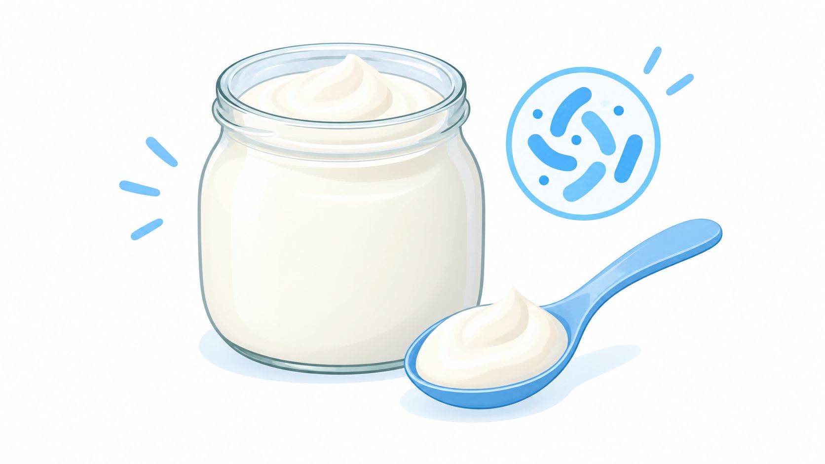 A glass jar of creamy yogurt next to a blue spoon with a probiotic bacteria icon.