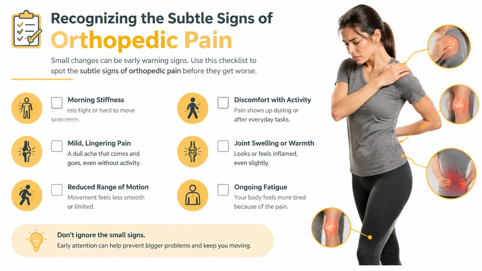 A checklist infographic illustrating common signs of orthopedic pain including joint swelling, stiffness, and reduced mobility.