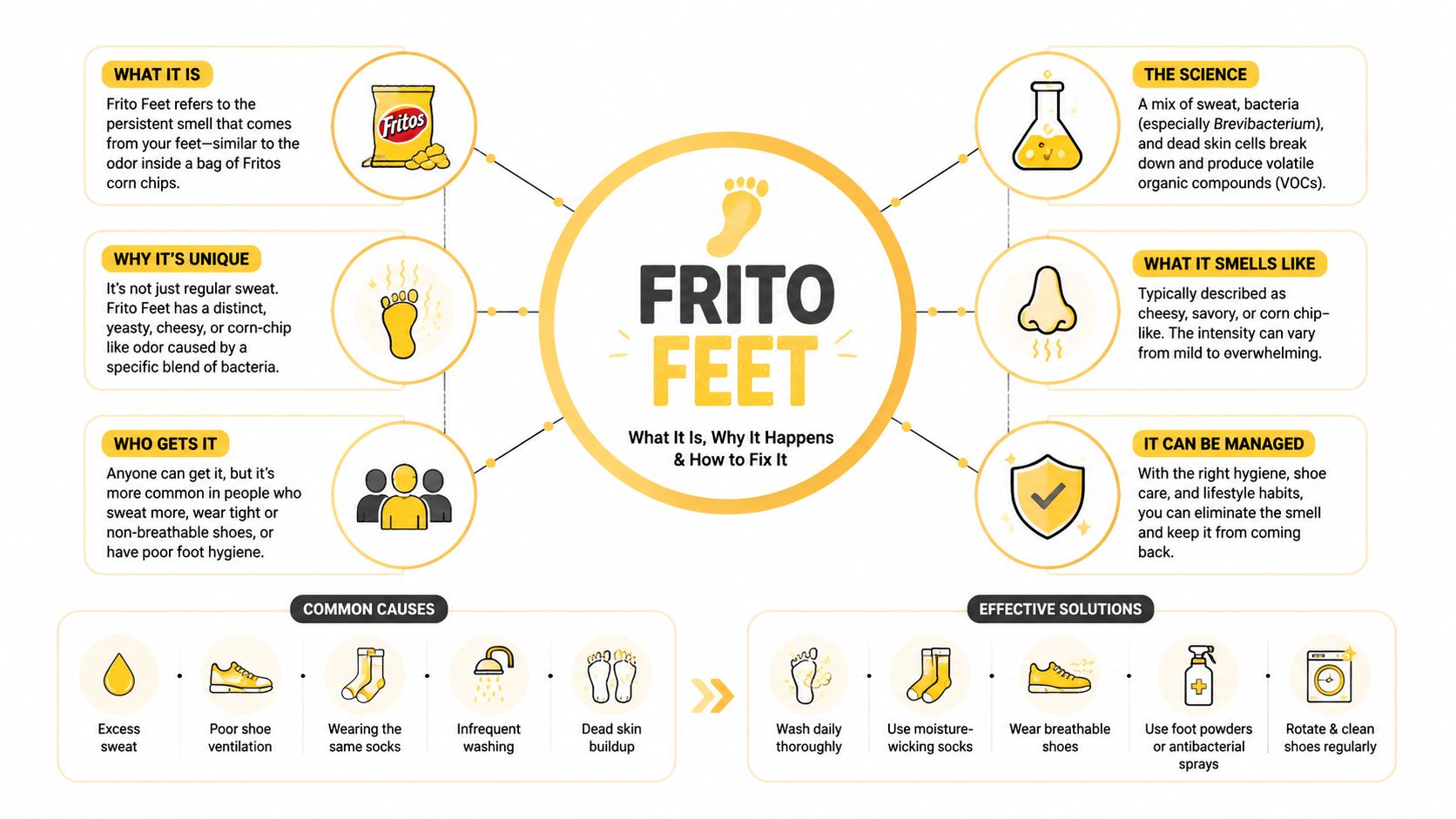 An infographic explaining why feet can smell like corn chips, covering causes, science, and effective solutions.