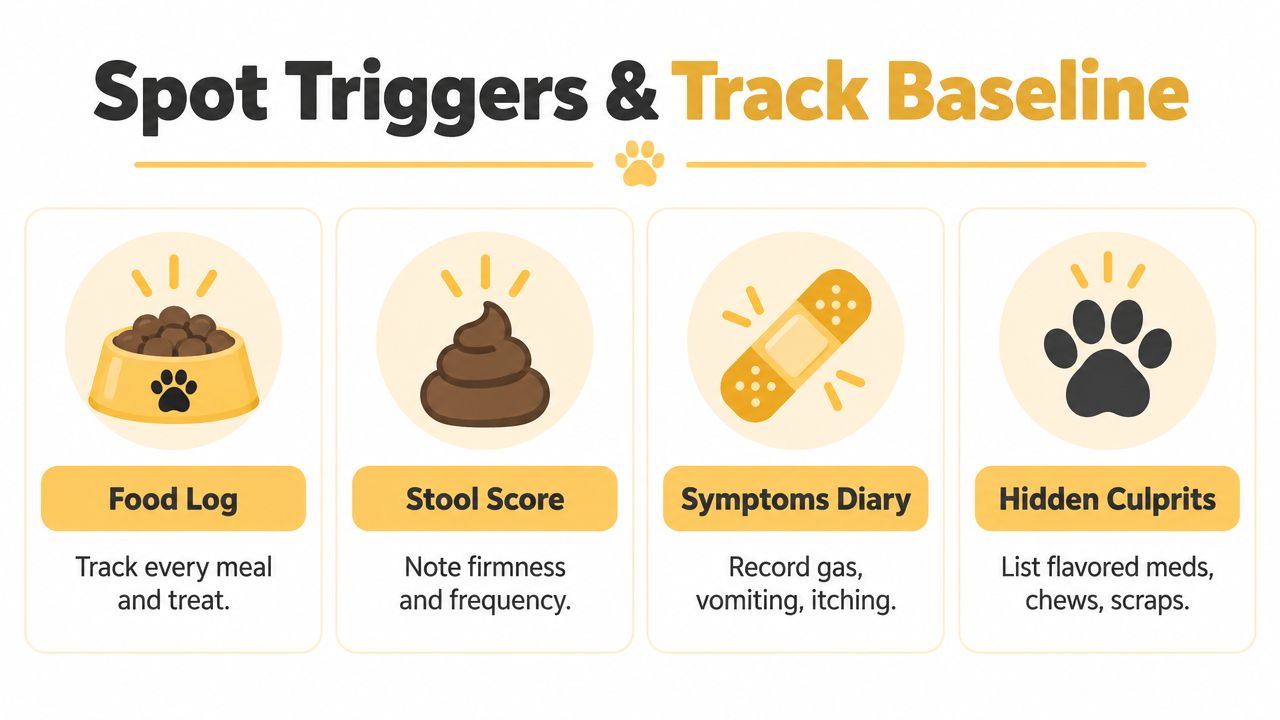 An infographic showing four steps for monitoring a dog's health: tracking food, stool quality, symptoms, and hidden culprits.