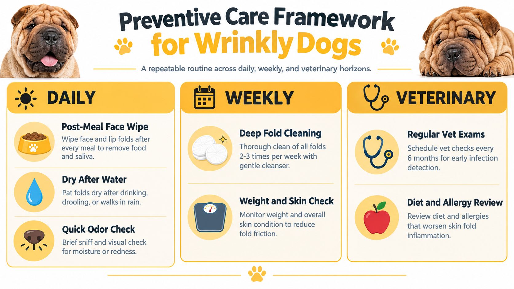 A preventive care guide for owners of dogs with wrinkly skin, detailing daily, weekly, and veterinary routines.