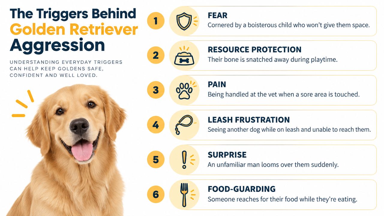 An infographic detailing six common triggers for aggression in Golden Retrievers, featuring illustrations and descriptive text.
