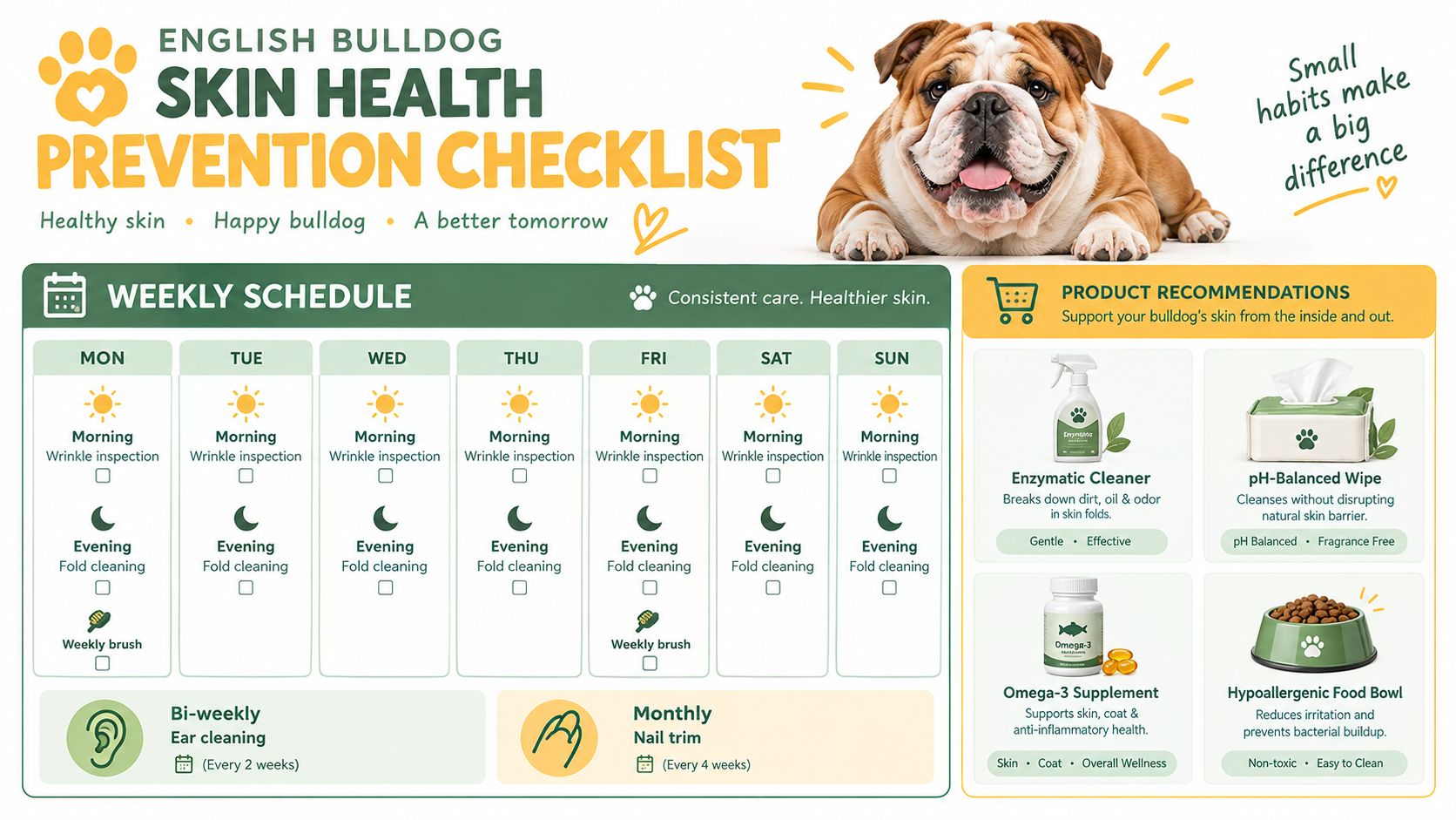 An English Bulldog skin health prevention checklist infographic with daily, weekly, and monthly grooming and care tips.