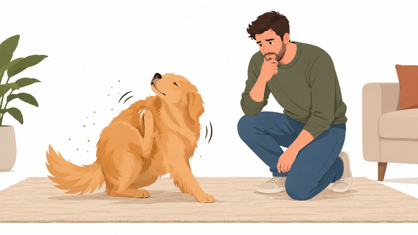 A concerned man kneels on a rug watching his golden retriever dog scratching its itchy dry skin.
