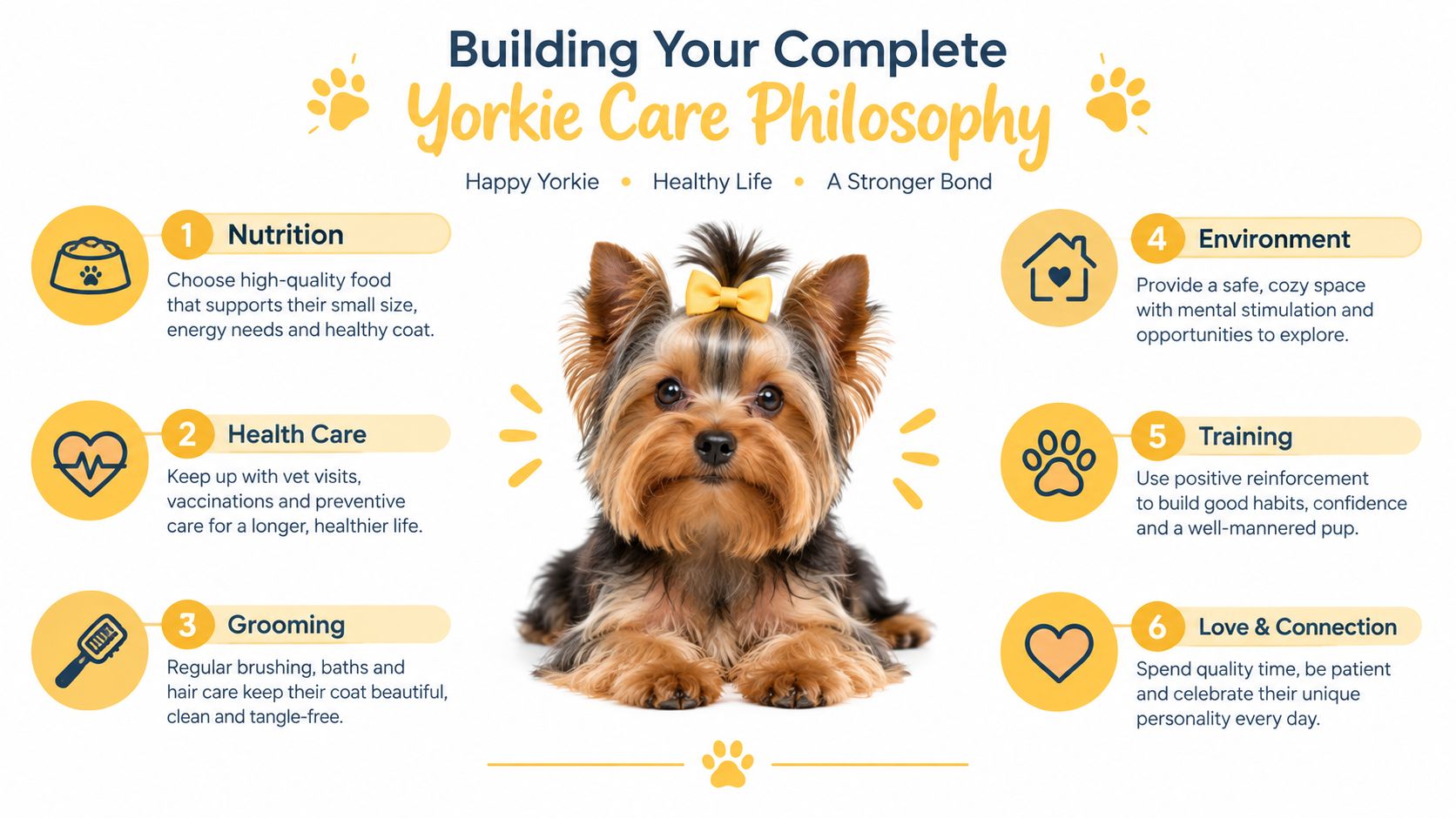 An infographic titled Building Your Complete Yorkie Care Philosophy featuring six essential tips for Yorkshire Terrier care.