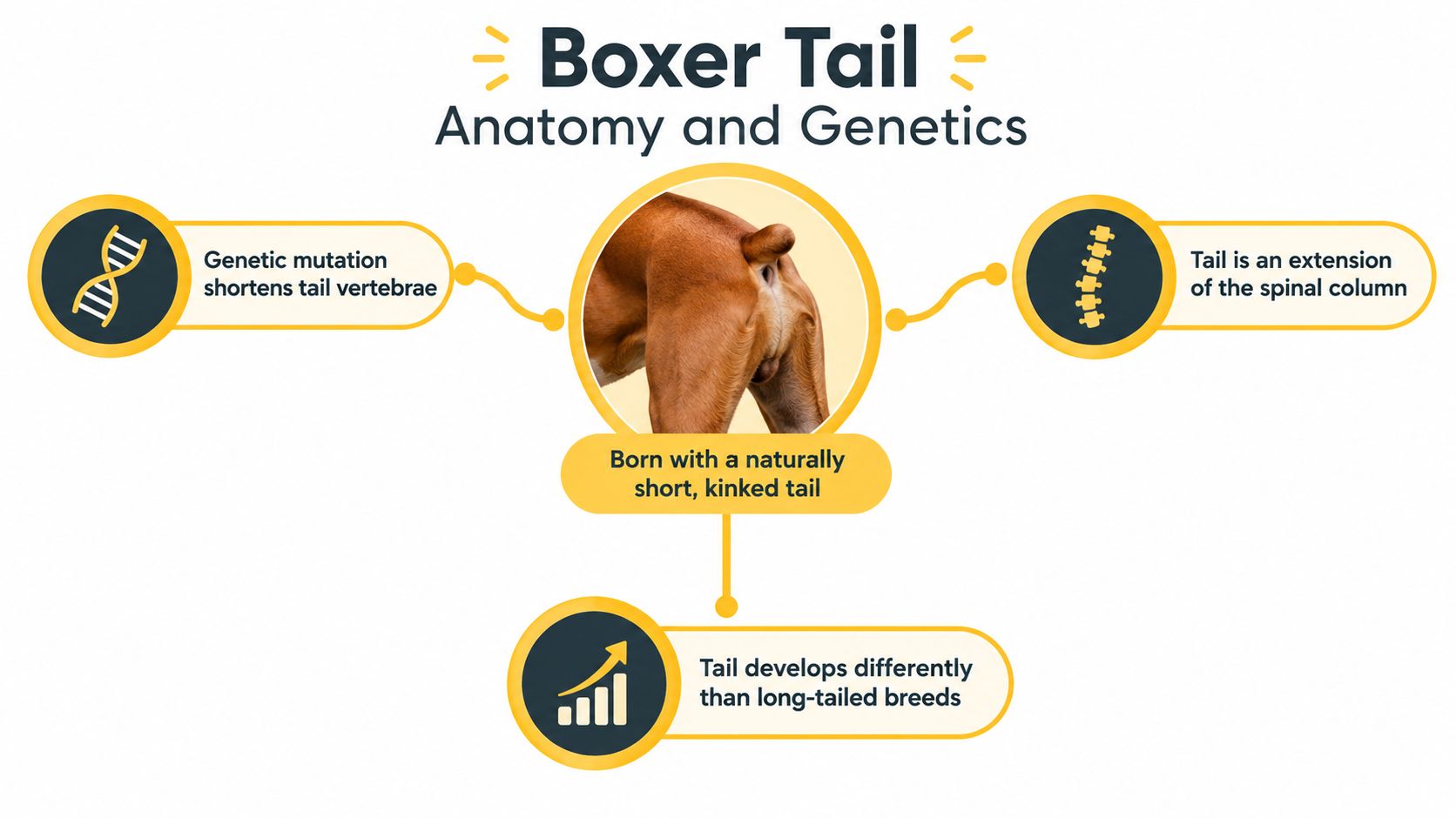 An infographic showing the anatomical and genetic reasons for the naturally short, kinked tail in Boxer dogs.