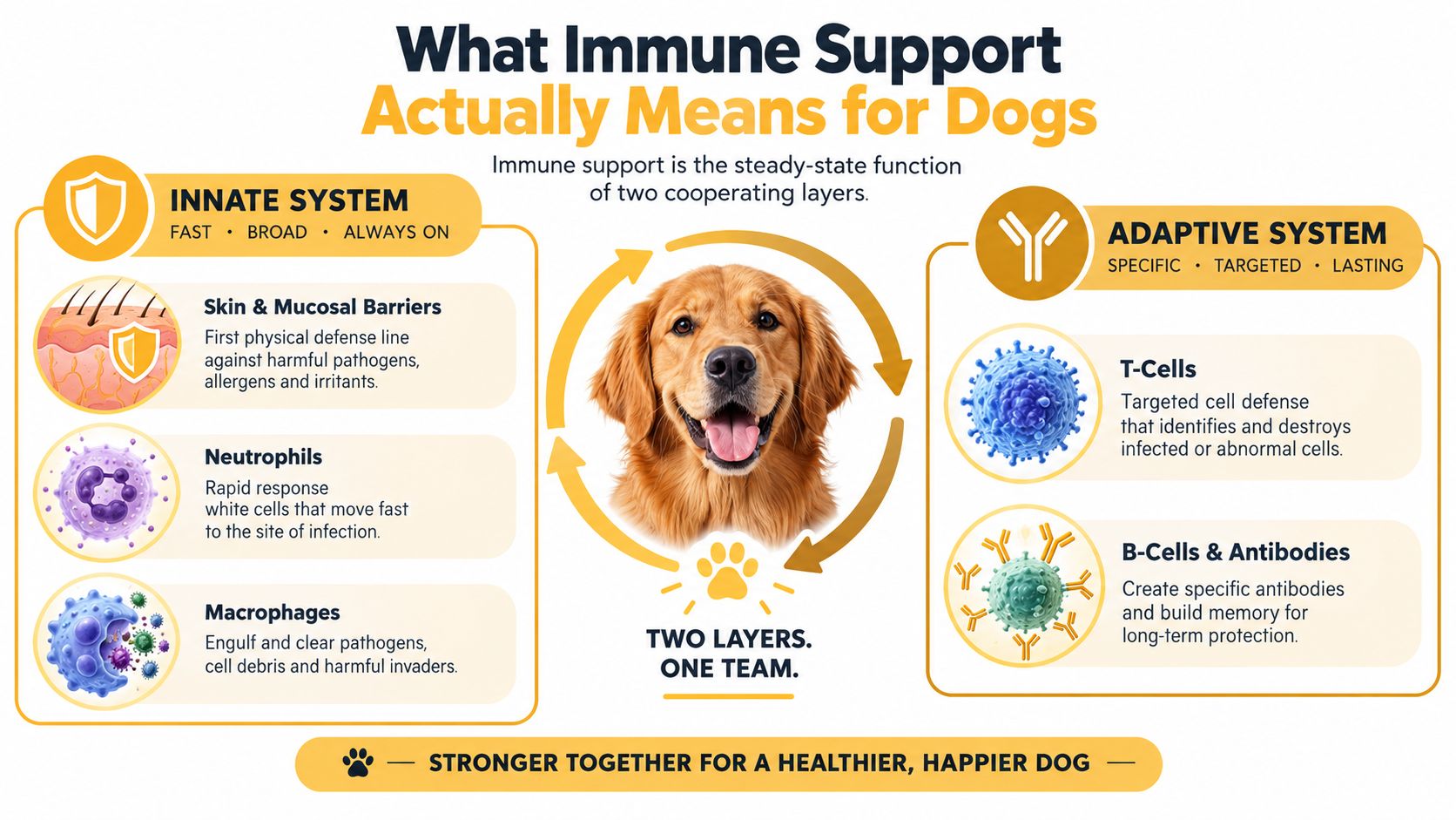 An infographic explaining the dog immune system with innate and adaptive layers and a central golden retriever.