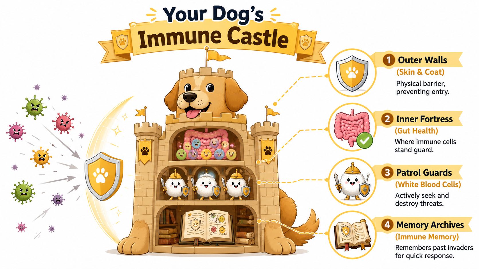 An educational infographic showing a dog's immune system as a protective castle with four main defense levels.
