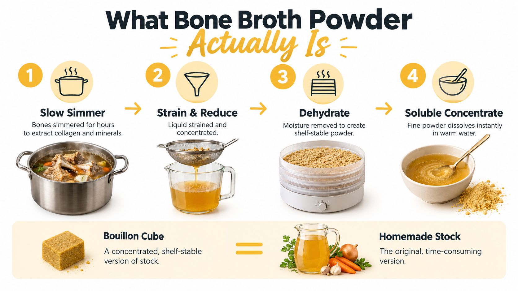 A four-step infographic showing how bone broth powder is made through simmering, straining, dehydrating, and dissolving.