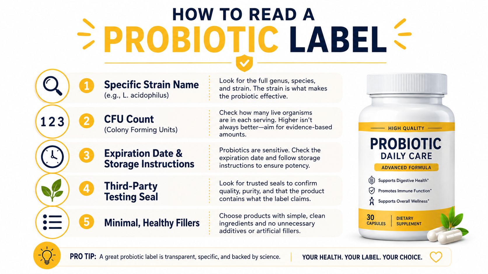 An infographic titled How to Read a Probiotic Label, showing five steps for evaluating probiotic supplement labels.