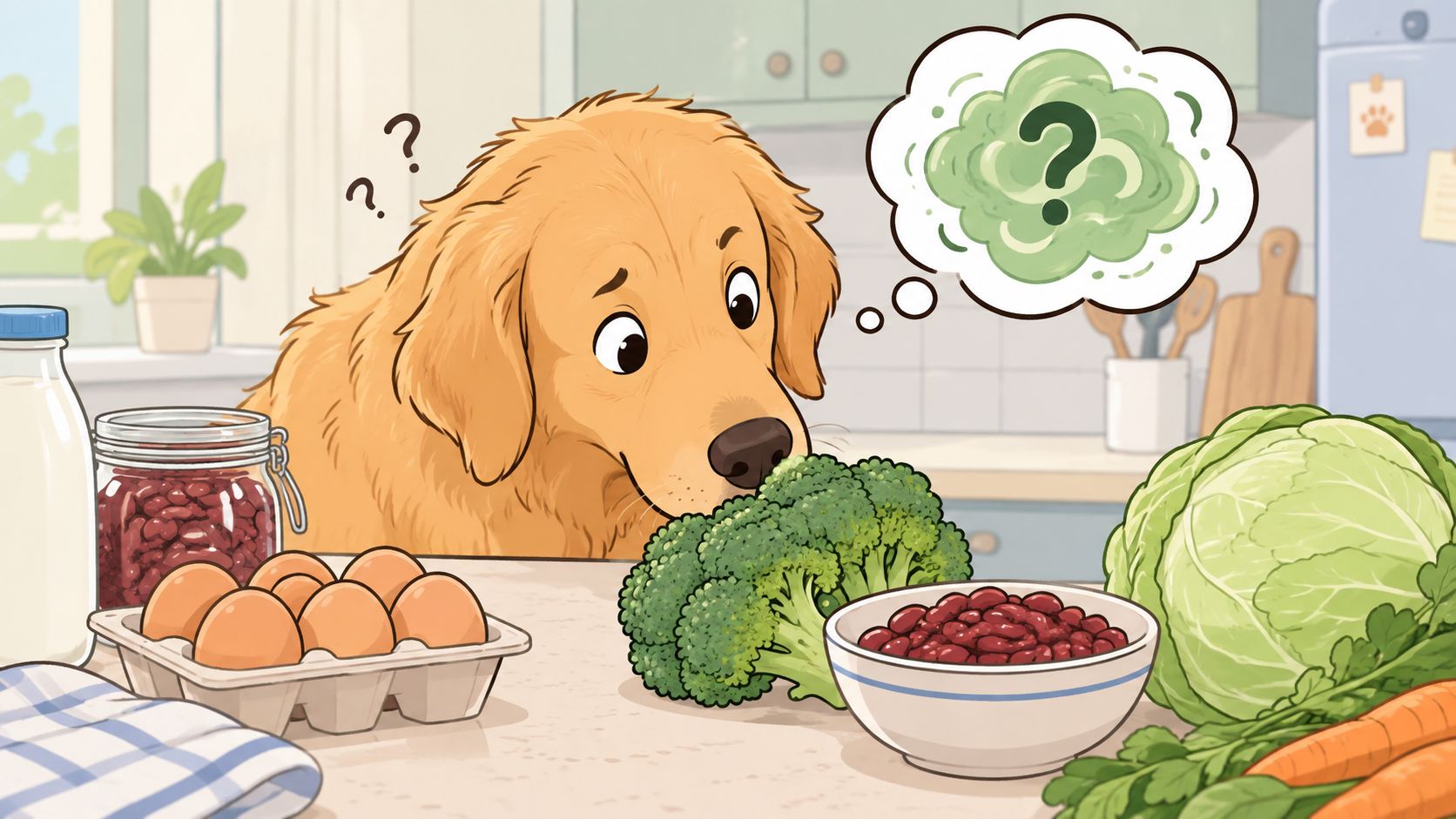 A golden retriever dog looking curiously at a head of broccoli on a kitchen counter.