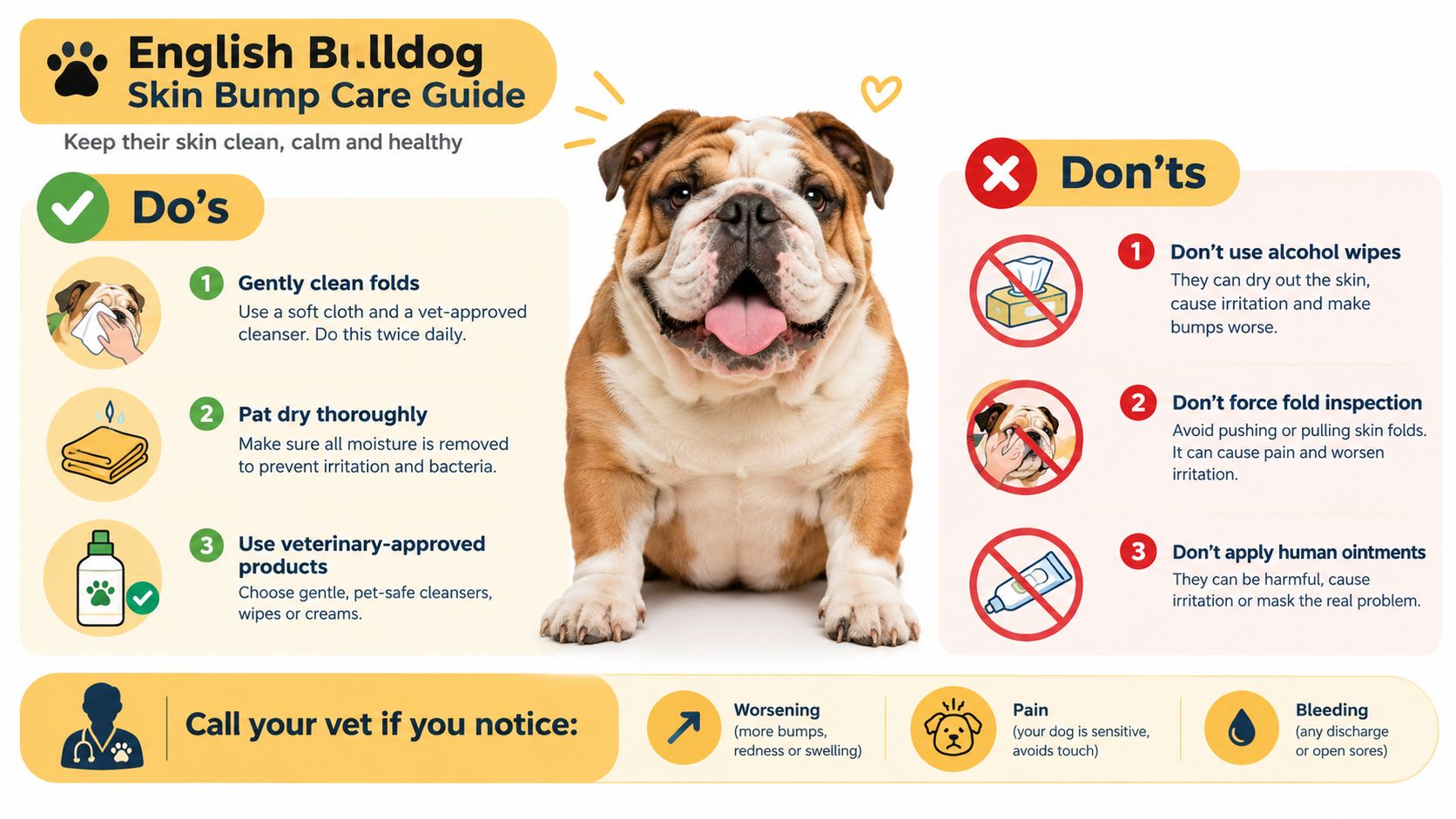 A helpful infographic showing guidelines for cleaning and caring for an English Bulldog's skin folds and bumps.