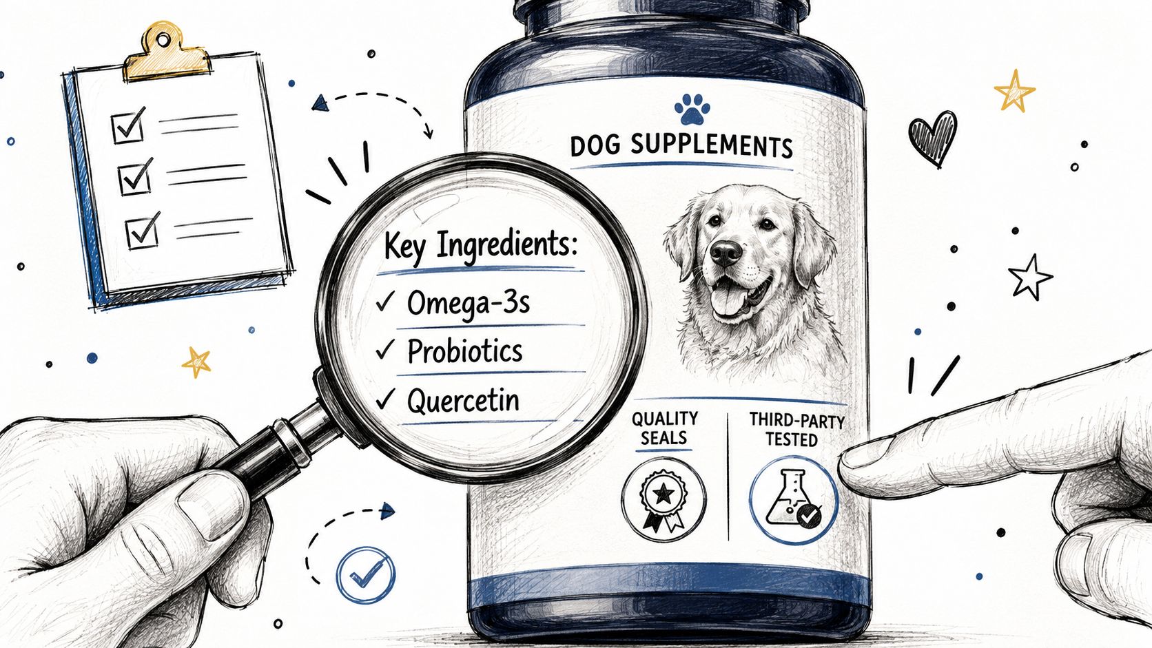 A magnifying glass inspecting the key ingredients list on a bottle of dog supplements for allergies.