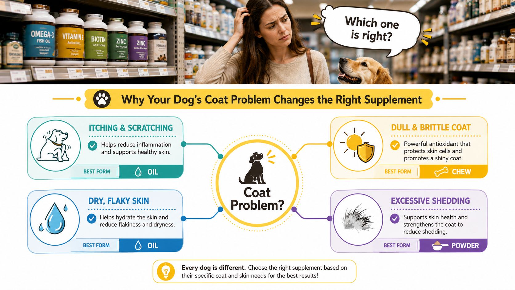 An infographic showing which dog supplements to choose based on specific skin and coat problems.