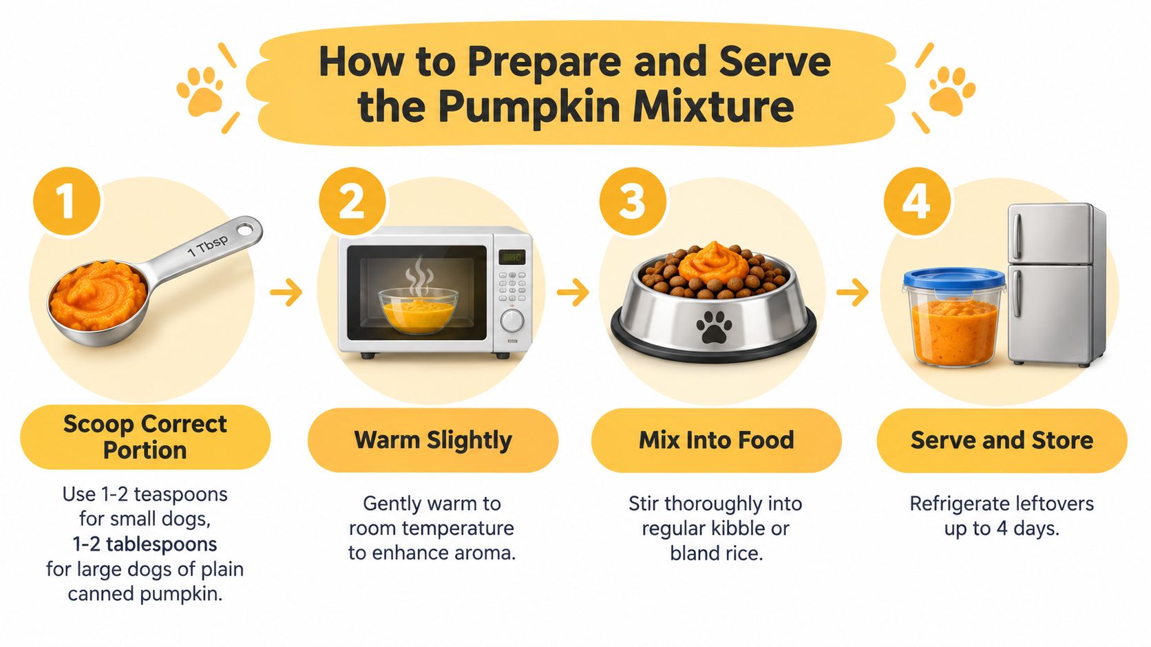An infographic showing four simple steps to prepare and serve canned pumpkin as a supplement for dogs.